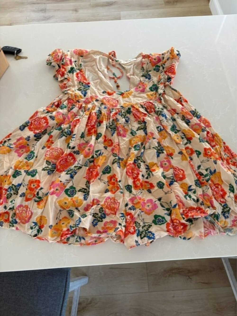 Floral Ruffle Summer short romper Cream with Pink & Orange Blooms stories sz.xl